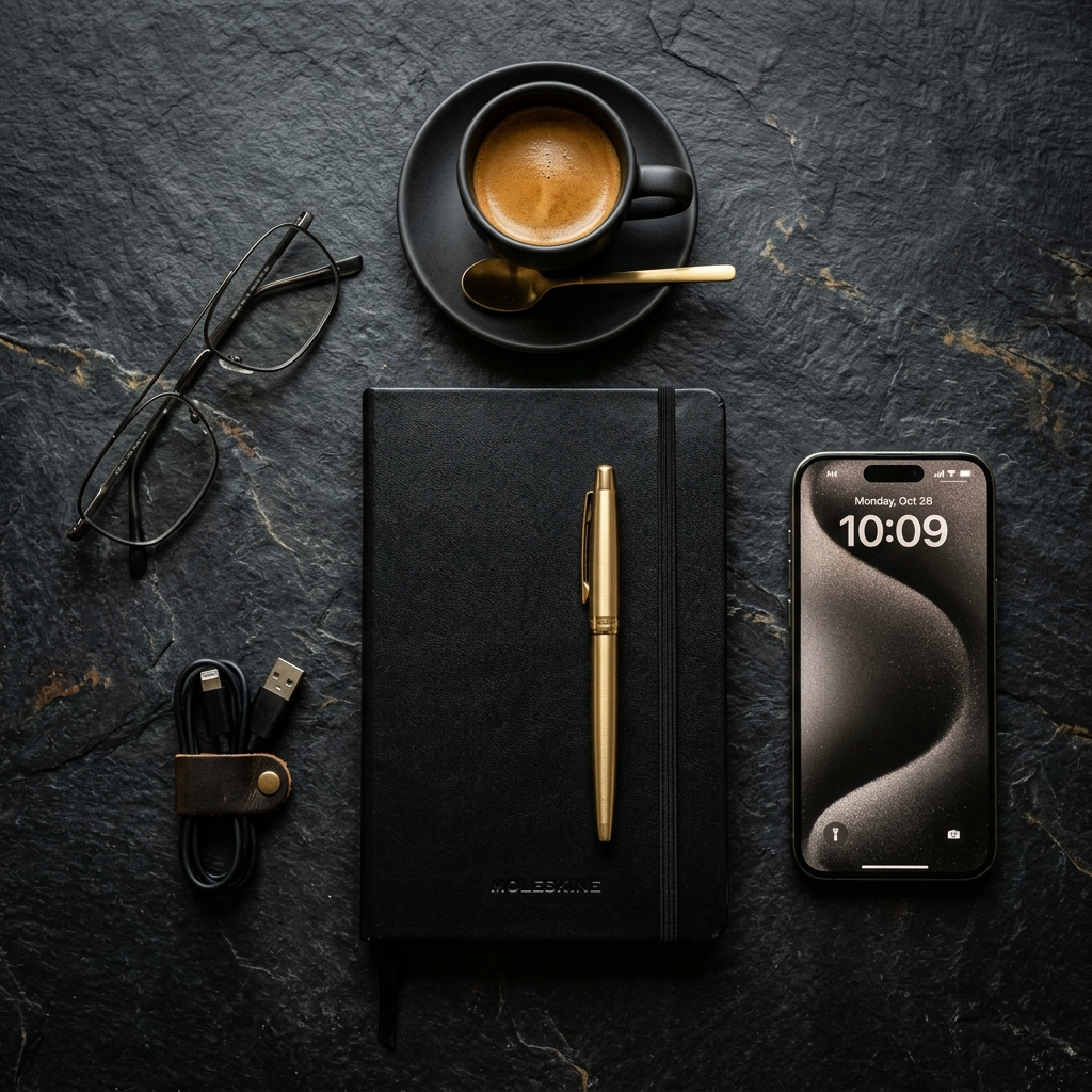 Flat lay de escritorio premium: libreta Moleskine, pluma dorada y taza de espresso