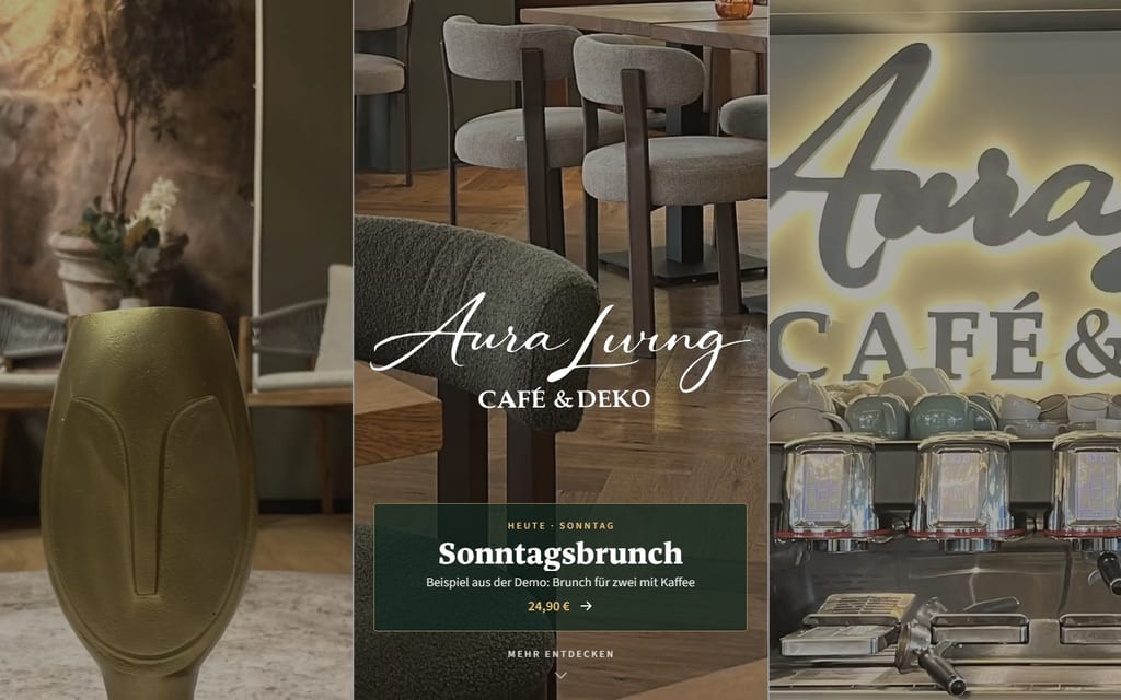 Startseite der Website von Aura Living in Wuppertal-Barmen: drei Bilder aus dem Café, in der Mitte das Logo und darunter die Tafel «Heute · Sonntag» mit einem Beispielangebot (Screenshot, 18.10.2026)