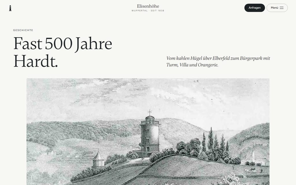 Unser Entwurf für die Elisenhöhe in Wuppertal, als Vorschau online (Stand 04.10.2026): Seite zur Geschichte mit der Überschrift Fast 500 Jahre Hardt. und einer gemeinfreien Ansicht der Elisenhöhe von Franz Koenen, um 1840.