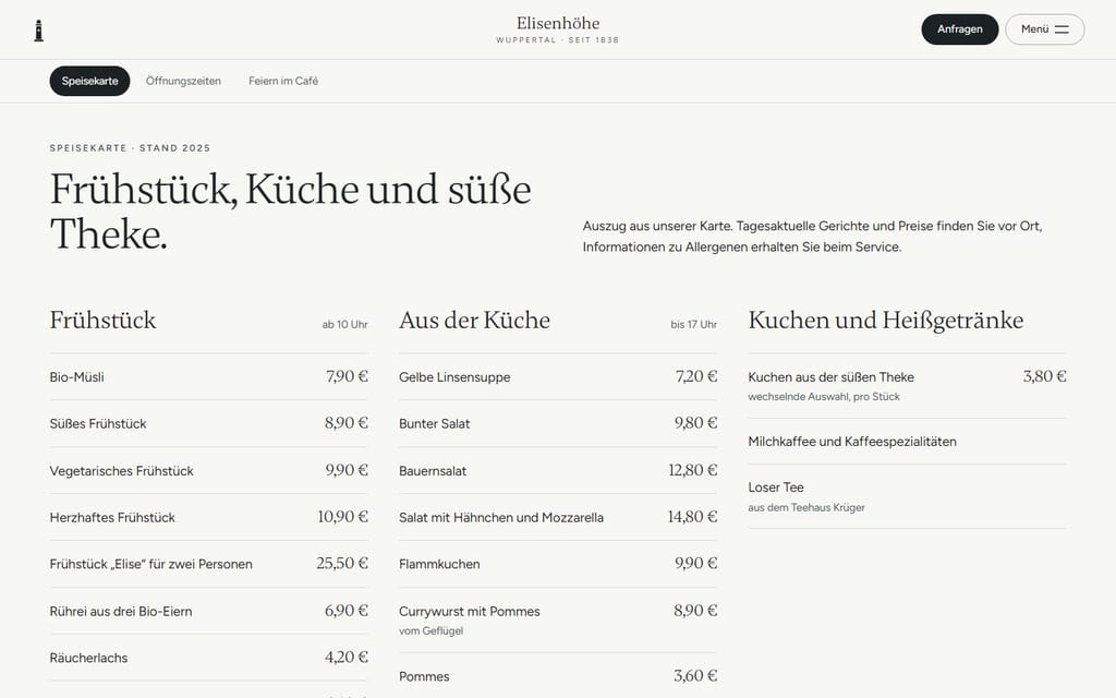Unser Entwurf für die Elisenhöhe in Wuppertal, als Vorschau online (Stand 04.10.2026): Speisekarte des Café Elise als Text, mit Frühstück, Küche und Kuchen und dem Preis neben jedem Gericht.