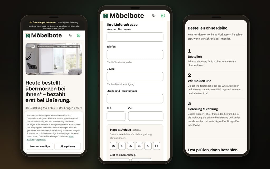 Montage aus drei Screenshots der Website moebelbote24.de in Smartphone-Rahmen: Startseite mit Cookie-Hinweis, leeres Bestellformular und der Ablauf «Bestellen ohne Risiko»