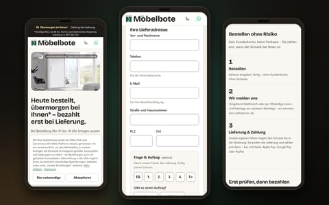 Drei Screenshots der Website von Möbelbote in Smartphone-Rahmen: Startseite, Bestellformular und der Ablauf «Bestellen ohne Risiko»