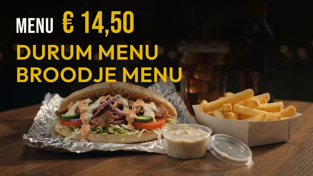 Bildschirmkarte «Menu € 14,50» für Daily Bites in Voeren (Belgien) mit Durum Menu und Broodje Menu, darunter ein Döner im Brot mit Pommes, Sauce und Getränk