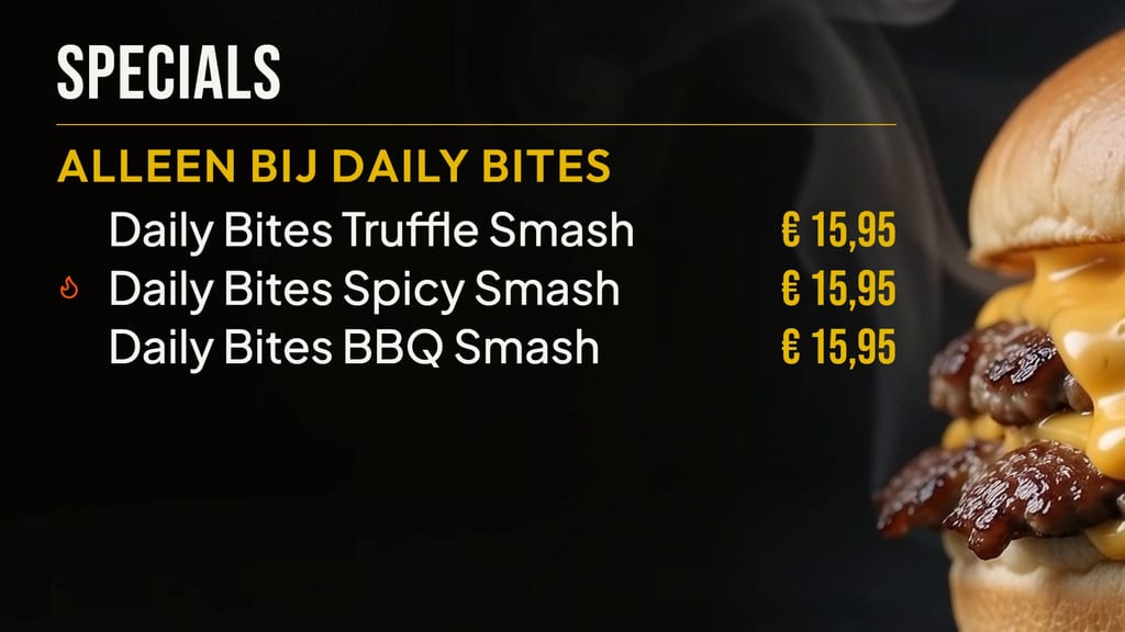 Bildschirmkarte «Specials – Alleen bij Daily Bites» mit drei Smash Burgern zu je 15,95 € neben einem großen Burgerbild