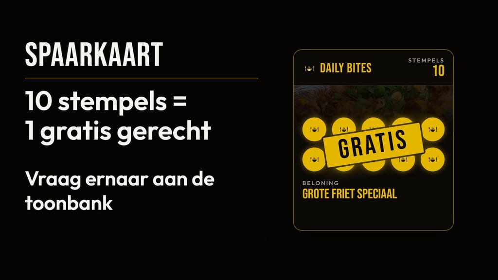 Bildschirmkarte «Spaarkaart» von Daily Bites: zehn Stempel ergeben ein Gericht gratis, daneben die Karte mit zehn goldenen Stempelfeldern