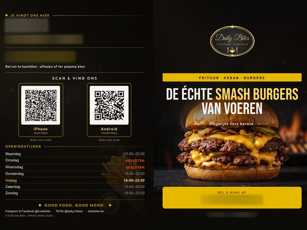 Flyer für Daily Bites in Voeren (Belgien), Außenseiten der Druckvorlage: rechts ein Smash Burger mit der Zeile «De échte smash burgers van Voeren», links Öffnungszeiten und zwei QR-Codes; Telefonnummer und Adresse sind unkenntlich gemacht