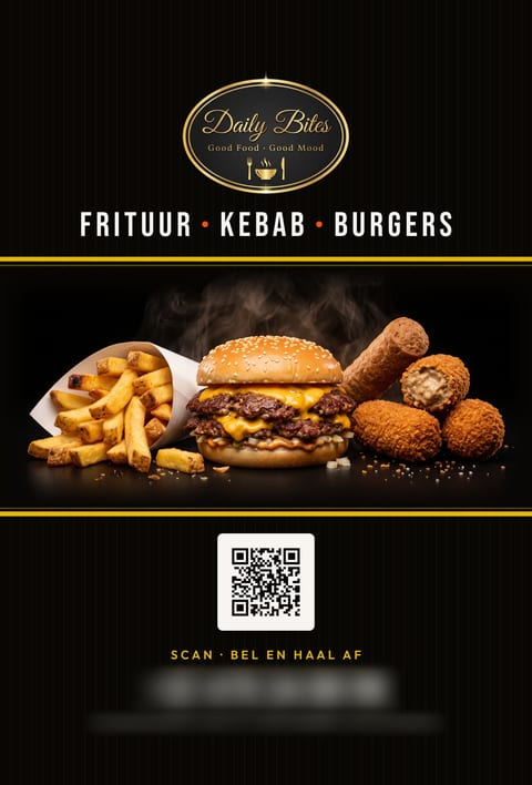 Entwurf des Fassadenbanners für Daily Bites im Hochformat: goldenes Logo, die Zeile «Frituur · Kebab · Burgers», darunter Burger, Pommes und Kroketten vor schwarzem Grund und ein QR-Code