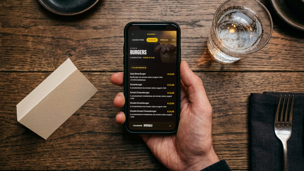 Eine Hand hält über einem Holztisch ein Smartphone (Symbolbild), auf dem Display die echte digitale Karte von dailybites.be mit der Rubrik «Burgers», fünf Gerichten und Preisen