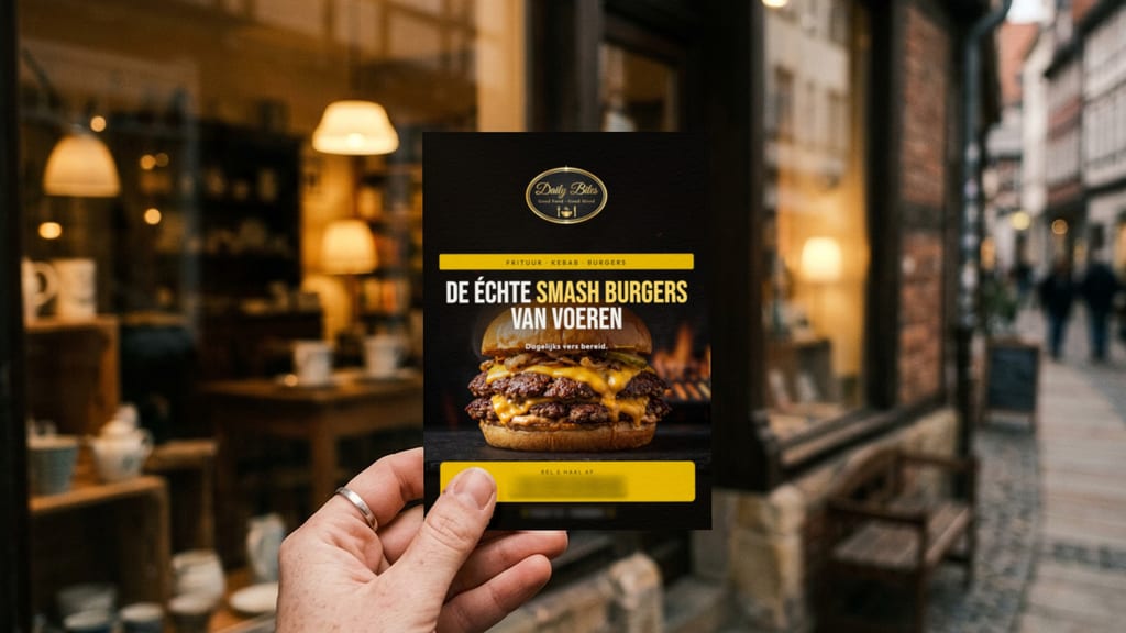 Eine Hand hält vor einem Schaufenster in einer Altstadtgasse einen Flyer (Symbolbild), auf der Vorderseite unser Flyer für Daily Bites, gestaltet und gedruckt von Makhu Studio, mit Smash Burger und der Zeile «De échte smash burgers van Voeren»