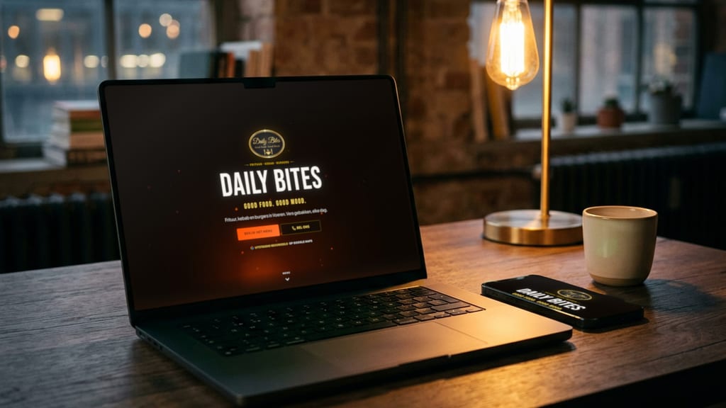 Laptop und Smartphone auf einem Holzschreibtisch neben einer Messinglampe (Symbolbild), auf beiden Bildschirmen die echte Startseite von dailybites.be