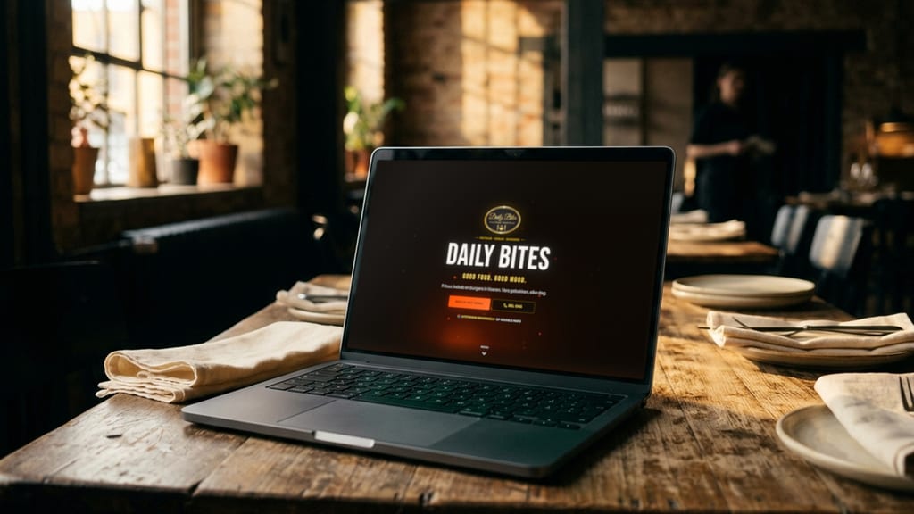 Laptop auf einem gedeckten Holztisch in einem Restaurant mit Backsteinwand (Symbolbild), auf dem Bildschirm die echte Startseite von dailybites.be