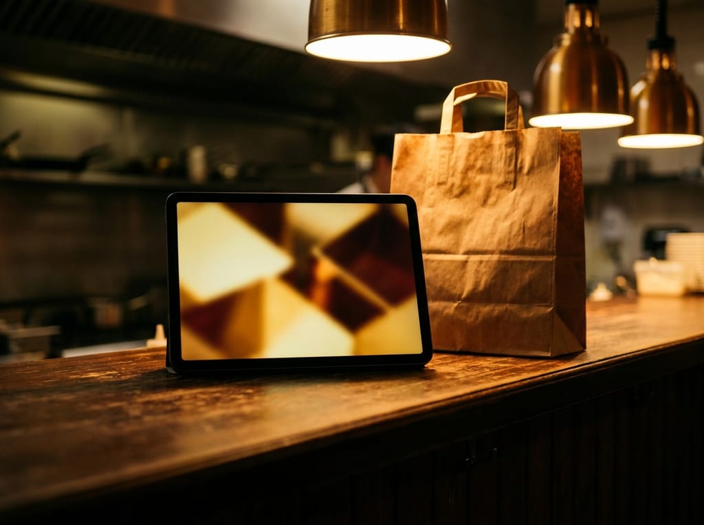 Tablet neben einer Papiertüte auf einer Holztheke unter Kupferlampen in einer Restaurantküche (Symbolbild)