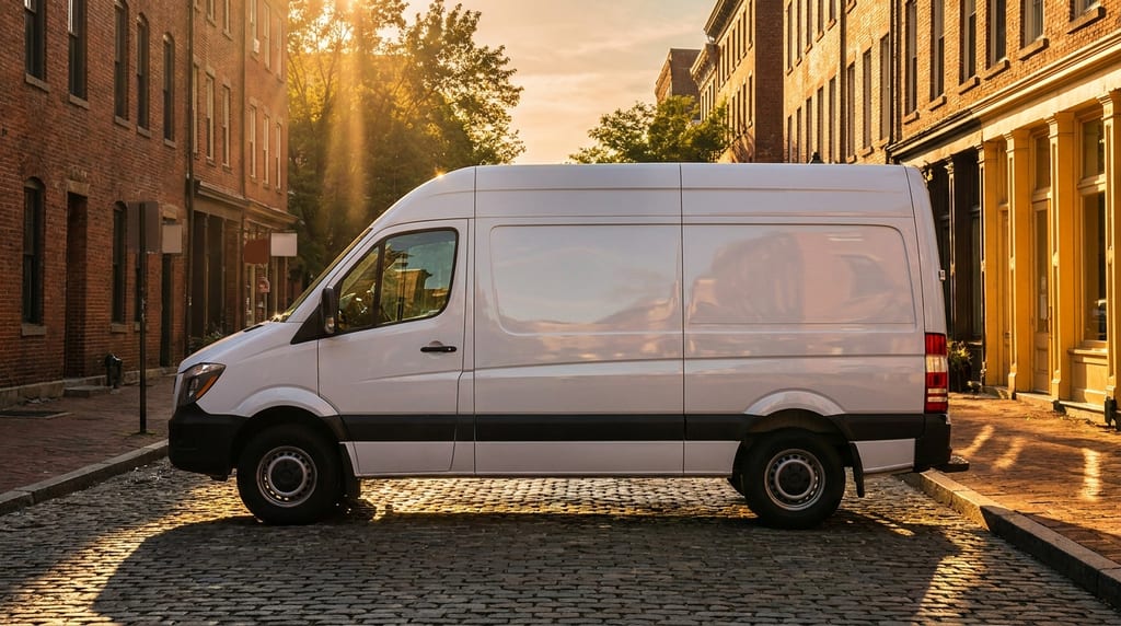 Weißer Transporter ohne Beschriftung auf einer Kopfsteinpflasterstraße im Abendlicht, links und rechts Backsteinhäuser (Symbolbild)