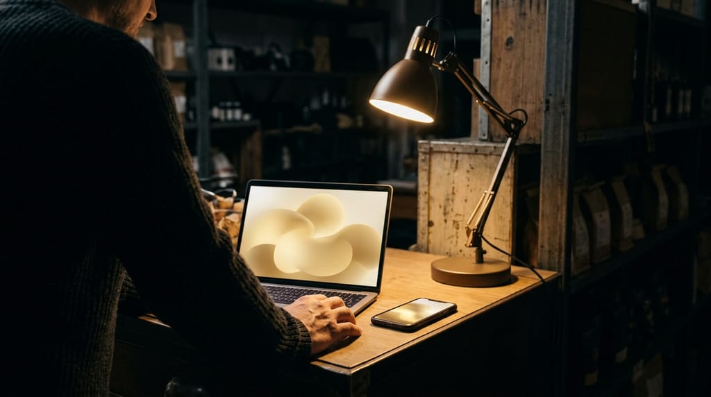 Ein Mann sitzt von hinten an einem Holztisch vor einem Laptop, auf dem Bildschirm eine weiche cremefarbene 3D-Form, daneben Smartphone und Schreibtischlampe in einem Lager (Symbolbild)