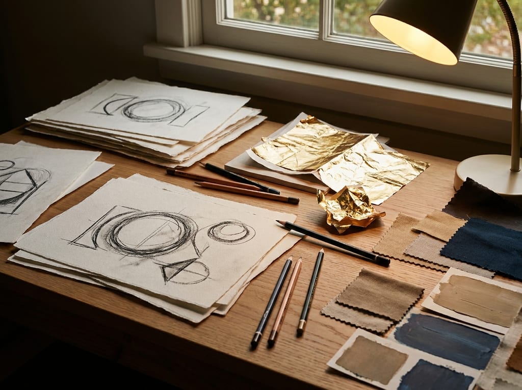 Escritorio de madera junto a una ventana con bocetos a carboncillo de logotipos geométricos sobre papel, lápices, hojas de pan de oro y muestras de tela y de color en azul marino y arena (imagen de ambiente)