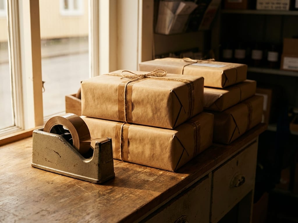 In Packpapier und Paketschnur eingeschlagene Pakete auf einer Holztheke, davor ein Klebebandabroller, Tageslicht fällt durchs Fenster (Symbolbild)