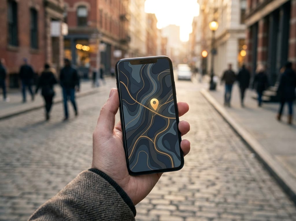 Eine Hand hält ein Smartphone mit Kartenansicht und goldener Standortmarkierung auf einer Kopfsteinpflasterstraße, Passanten verschwommen im Hintergrund (Symbolbild)