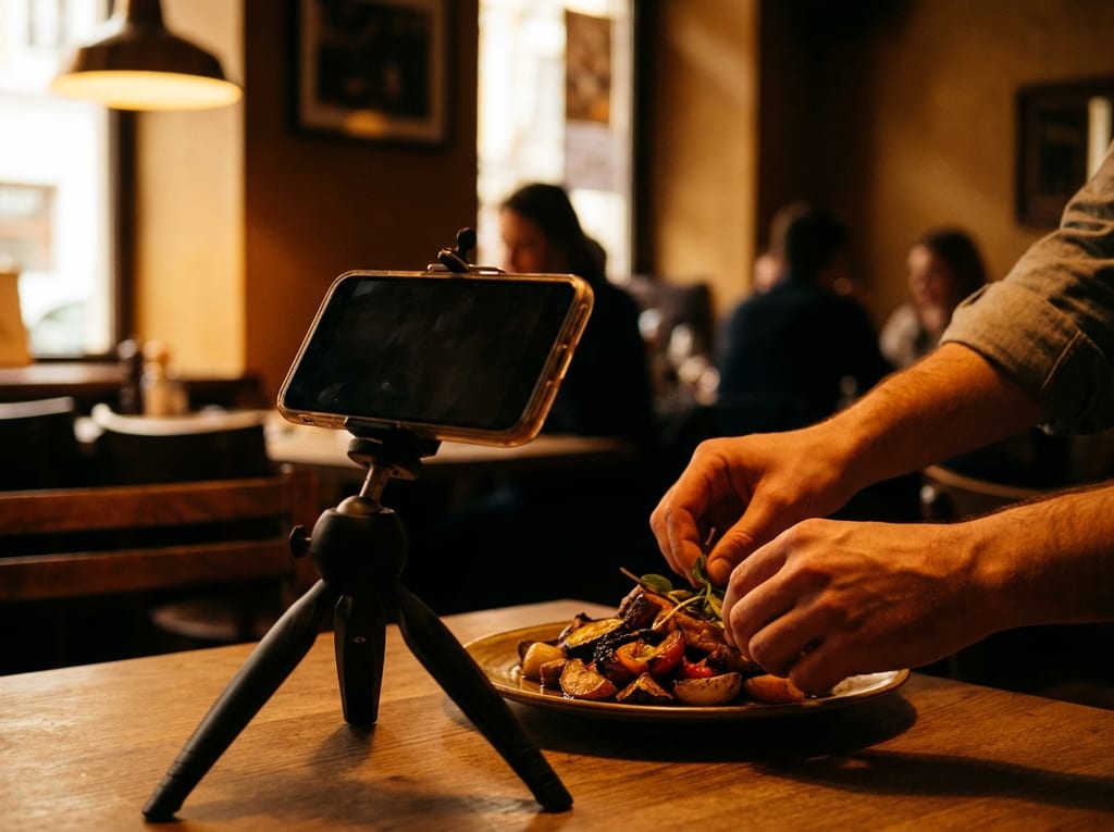 Smartphone auf einem kleinen Stativ am Restauranttisch, daneben richten Hände ein Gericht an, im Hintergrund unscharfe Gäste (Symbolbild)