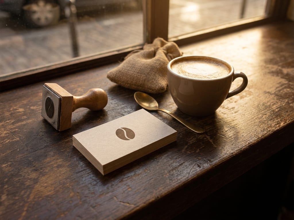 Holzstempel, ein Stapel Karten mit Kaffeebohnen-Motiv, ein Jutesäckchen und eine Tasse Milchkaffee auf einer Fensterbank (Symbolbild)