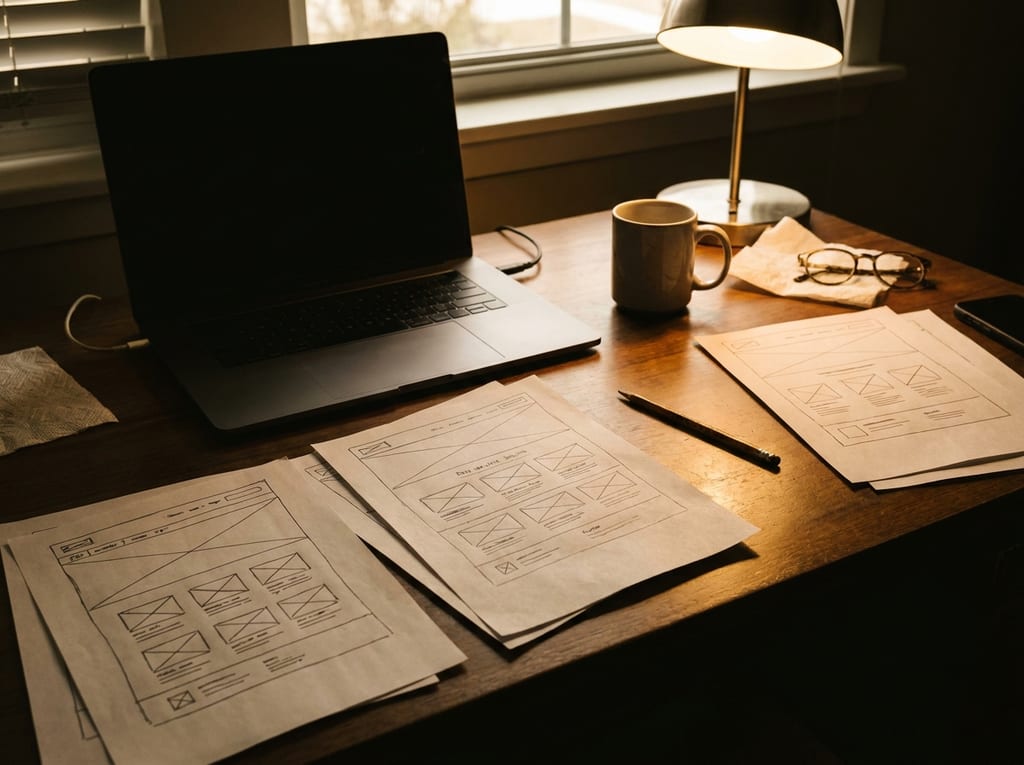 Schreibtisch mit zugeklapptem Laptop und handgezeichneten Entwürfen für den Aufbau einer Website, daneben Bleistift, Tasse und Brille (Symbolbild)