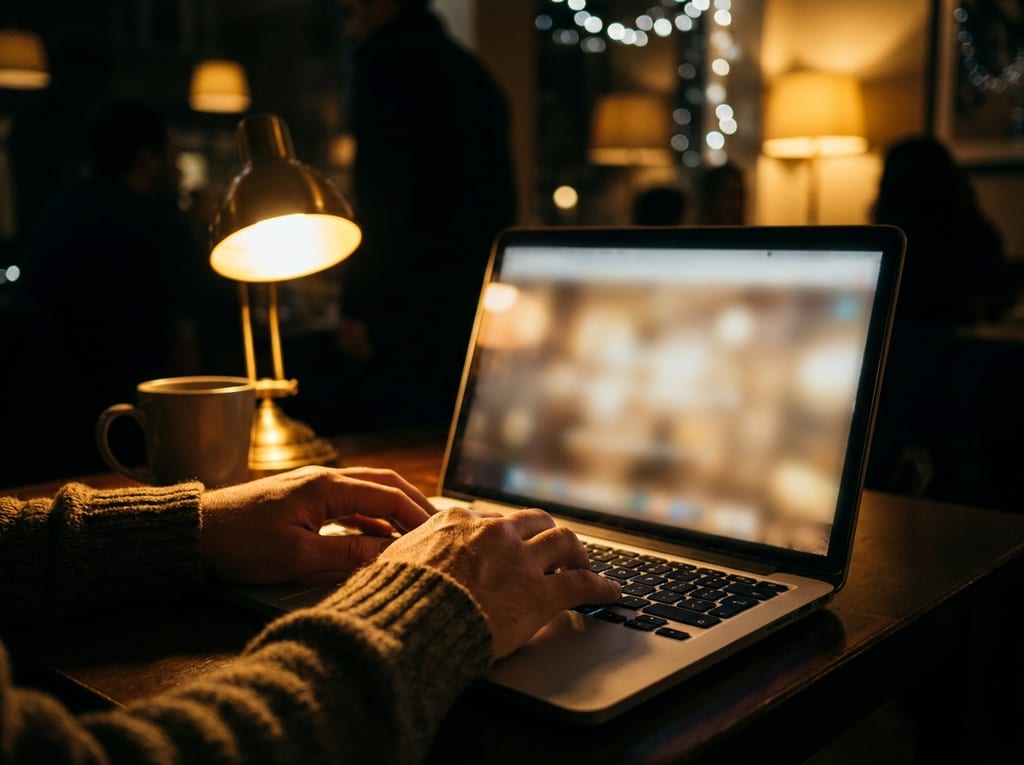 Hände auf der Tastatur eines Laptops an einem Tisch in einem abends beleuchteten Lokal, daneben Tasse und Lampe, der Bildschirm ist unscharf (Symbolbild)