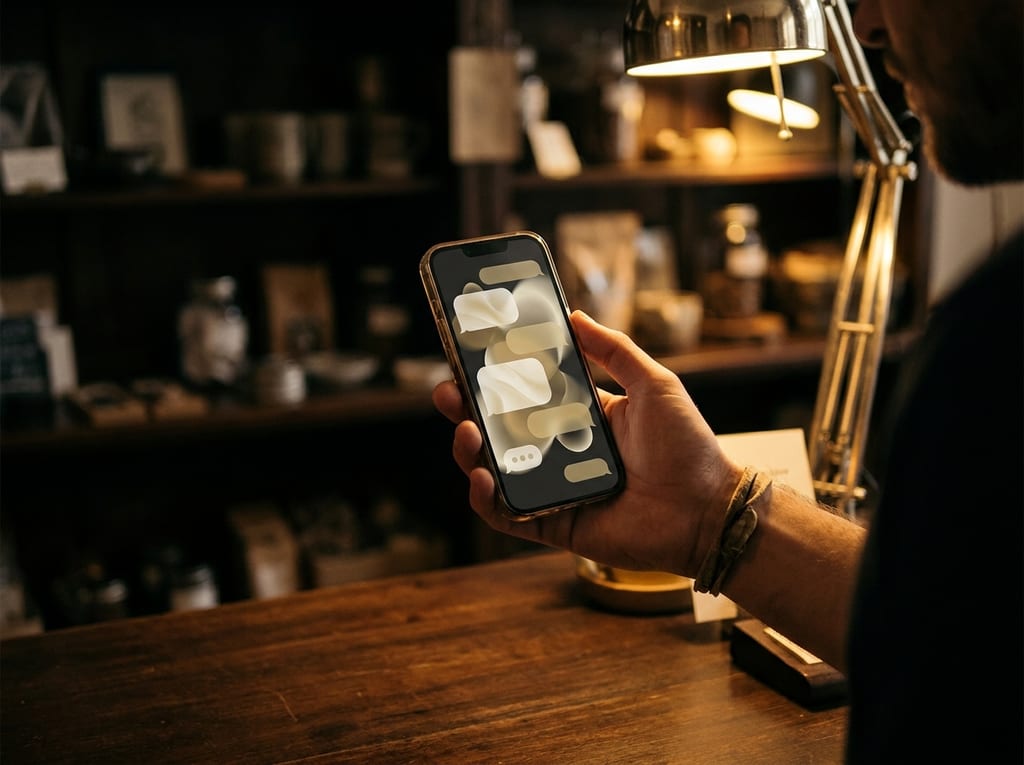 Eine Hand hält ein Smartphone mit Chatblasen auf dem Display an einem Holztresen, im Hintergrund Regale mit Gläsern und Packungen (Symbolbild)
