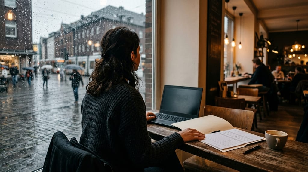 A woman seen from behind at a café window table with a laptop and a folder of papers, looking out at a rainy cobbled street where people walk with umbrellas (illustrative image)