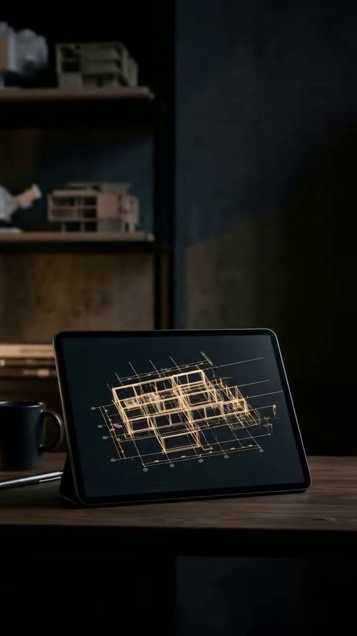 Tablet auf einem dunklen Schreibtisch mit einer Skizze in goldenen Linien (Symbolbild)