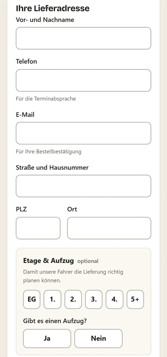 Leeres Bestellformular von moebelbote24.de auf dem Smartphone (Screenshot, 29.09.2026)