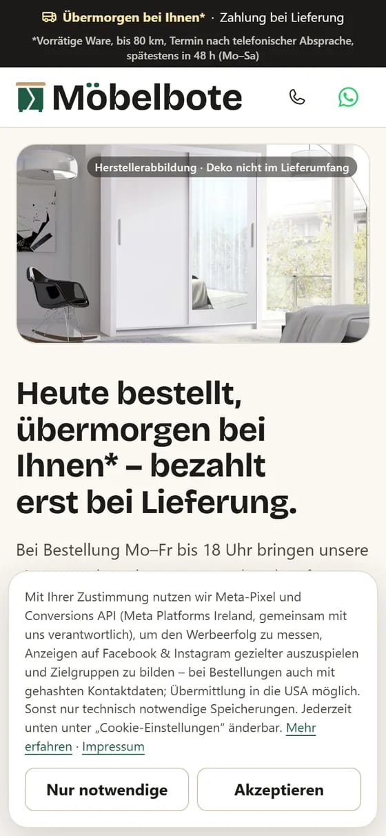 Startseite von moebelbote24.de mit Cookie-Hinweis auf dem Smartphone (Screenshot, 29.09.2026)
