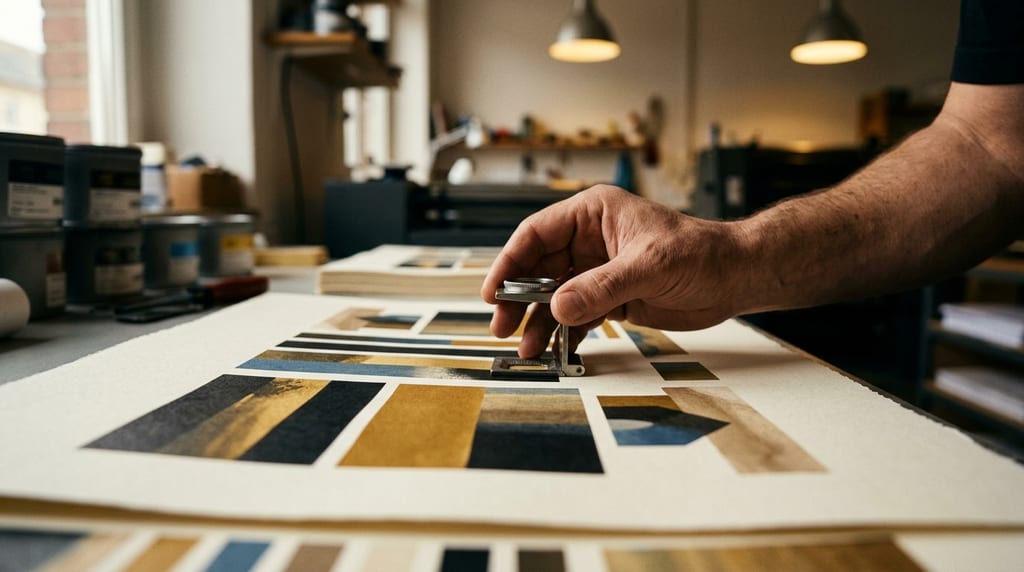 Eine Hand prüft mit einer kleinen Lupe einen Andruck mit schwarzen, goldenen und blauen Farbflächen in einer Druckwerkstatt (Symbolbild)