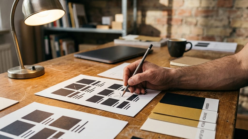Eine Hand zeichnet mit einem Bleistift an Layout-Entwürfen auf Papier, daneben Farbmusterkarten, Laptop und Tasse auf einem Holztisch (Symbolbild)