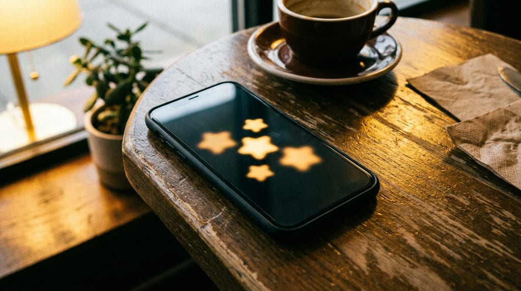 Smartphone mit fünf goldenen Sternen auf dem Display, daneben eine Tasse Kaffee auf einem alten Holztisch (Symbolbild zum Thema Bewertungen)