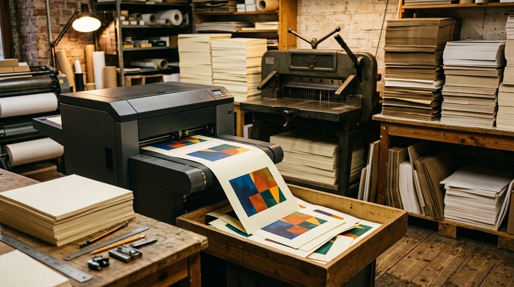 Druckereiwerkstatt: Großformatdrucker mit frischen bunten Drucken, Papierstapel und Schneidemaschine (Symbolbild)