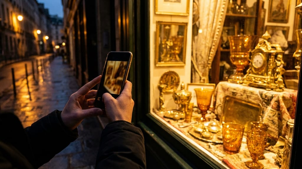 Zwei Hände fotografieren mit dem Smartphone ein beleuchtetes Schaufenster mit goldenem Glas und Zierrat in einer Gasse am Abend (Symbolbild)