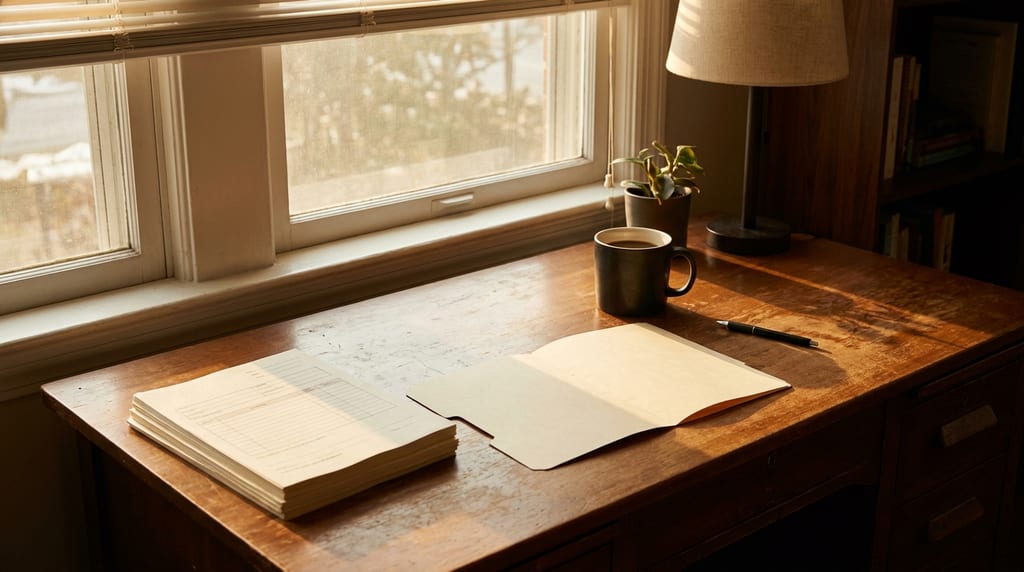 Holzschreibtisch am Fenster mit Formularstapel, aufgeschlagener Mappe, Kaffeetasse und Stift im warmen Licht (Symbolbild)