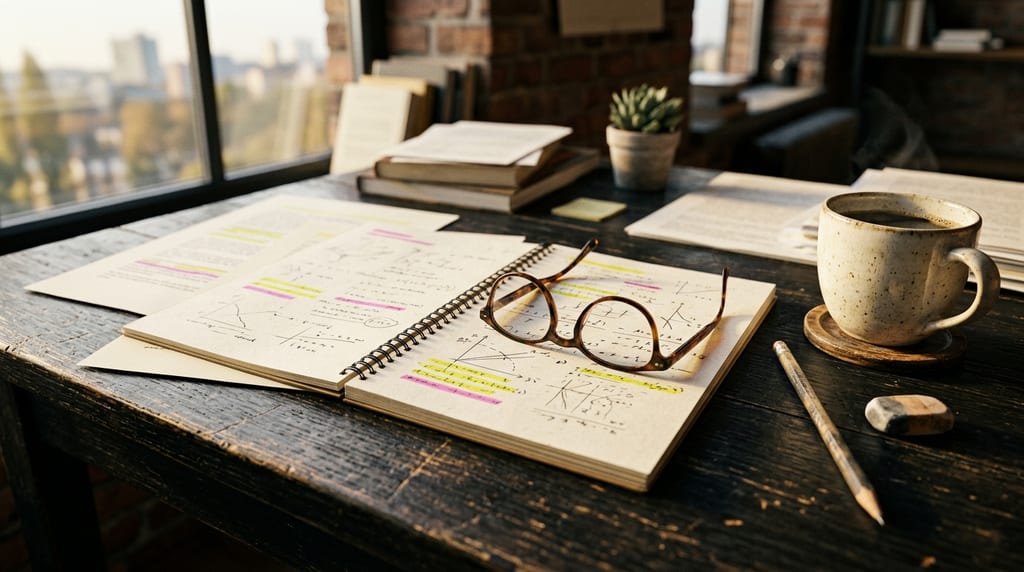Notizbuch mit handgezeichneten Skizzen und gelb markierten Zeilen, darauf eine Brille, daneben Kaffeetasse und Bleistift auf einem dunklen Holztisch (Symbolbild)