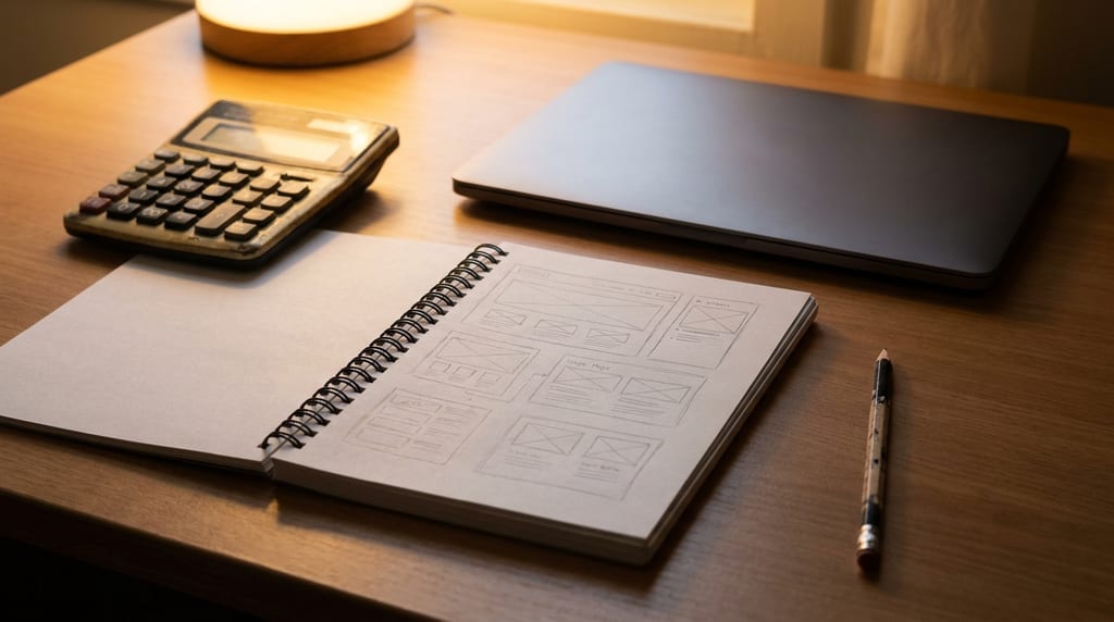 Holztisch mit Taschenrechner, geschlossenem Laptop und Skizzenbuch mit Entwürfen für Website-Seiten, daneben ein Bleistift (Symbolbild)