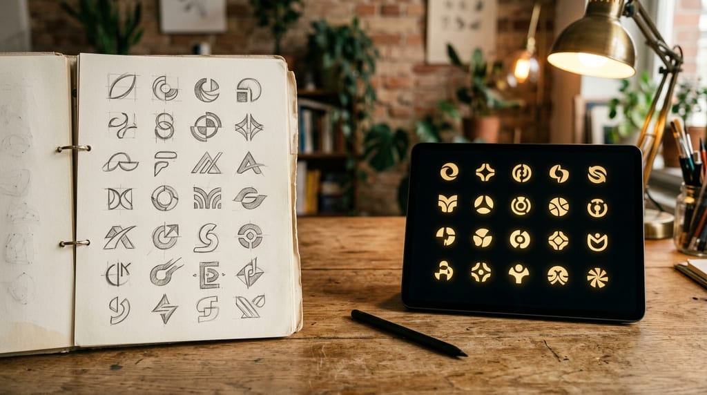 Ringbuch mit Bleistiftskizzen von Logos neben einem Tablet, das leuchtende Logo-Varianten zeigt (Symbolbild)