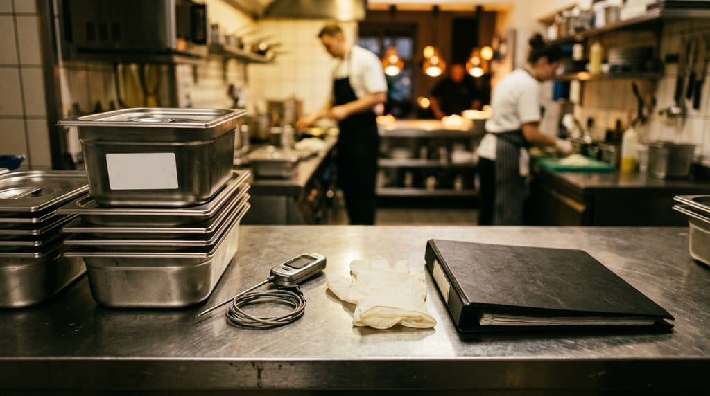 Edelstahlarbeitsfläche in einer Restaurantküche mit Gastro-Behältern, Stichthermometer, Einweghandschuh und schwarzem Ordner, dahinter arbeitet das Küchenpersonal (Symbolbild)