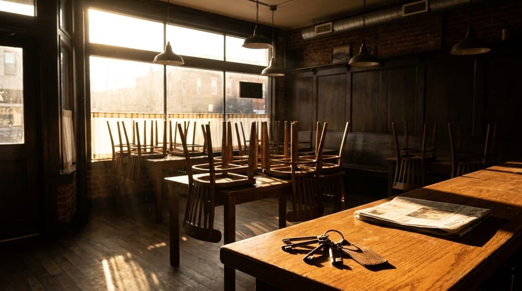Leerer Gastraum eines Restaurants im Gegenlicht: Stühle auf den Tischen, im Vordergrund Schlüsselbund und Zeitung auf einem Holztisch (Symbolbild)