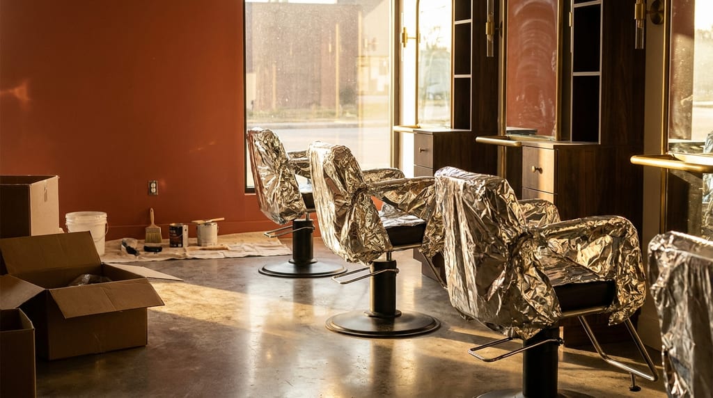 Salon vor der Eröffnung: Frisierstühle mit Alufolie abgedeckt, Farbeimer und offener Karton auf dem Betonboden (Symbolbild)