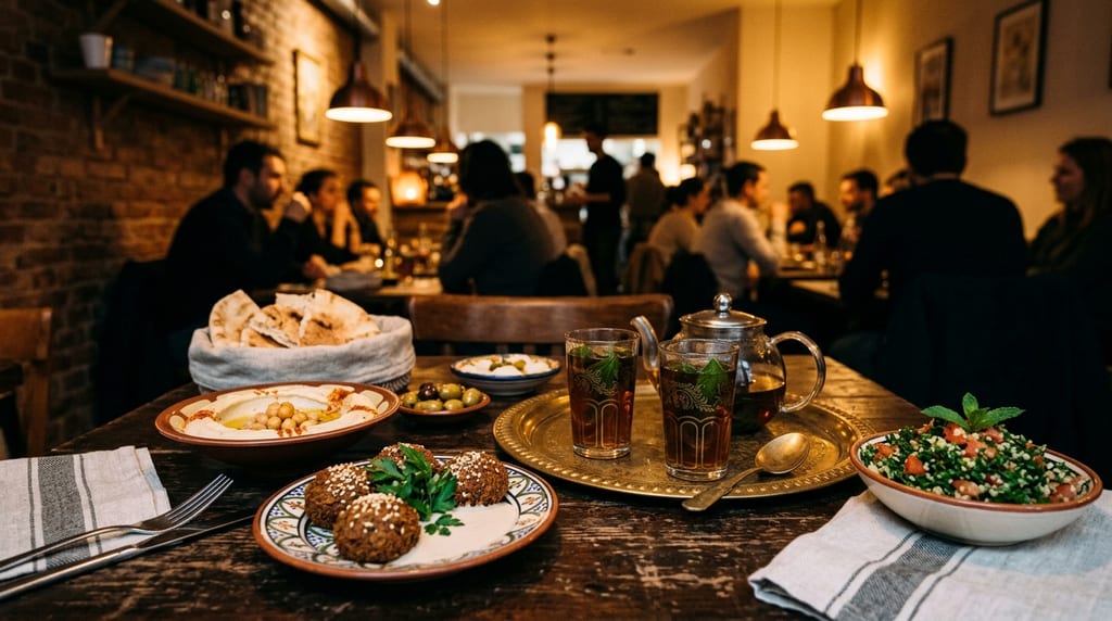 طاولة في مطعم دافئ الإضاءة عليها حمّص وفلافل وتبّولة وخبز عربي، وكأسان من الشاي بالنعناع مع إبريق زجاجي، وفي الخلفية زبائن جالسون على طاولات أخرى (صورة تعبيرية)