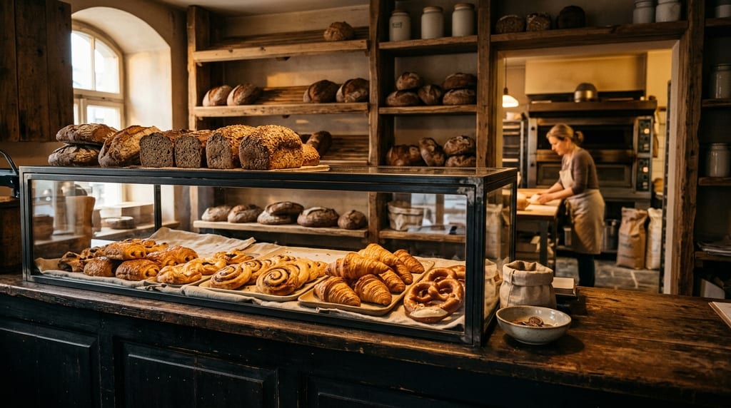 Theke einer Bäckerei mit Brot und Gebäck, im Hintergrund knetet eine Bäckerin Teig am Ofen (Symbolbild)