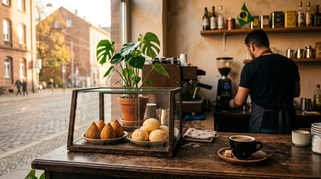 Balcão de uma lanchonete com coxinhas e pães de queijo numa vitrine de vidro, uma xícara de café, um homem na máquina de espresso ao fundo, uma bandeira do Brasil na prateleira e uma rua de paralelepípedos pela janela (imagem ilustrativa)
