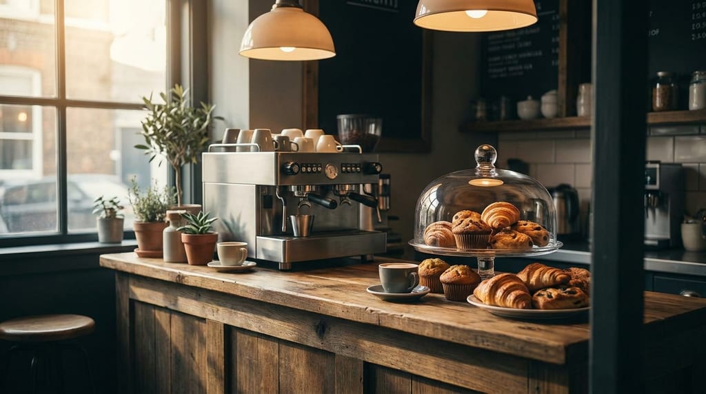 Café-Theke aus Holz mit Espressomaschine, Glashaube mit Croissants und Muffins und einer Tasse Kaffee (Symbolbild)