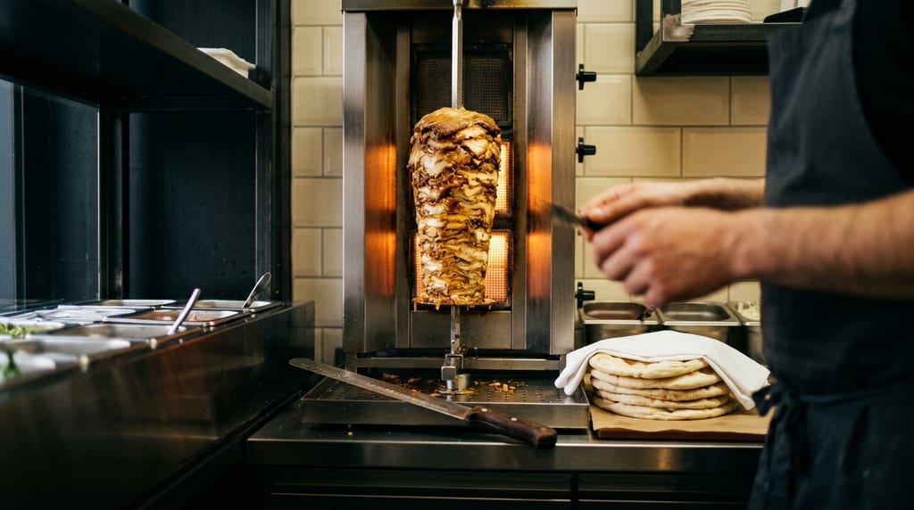 Dönerspieß am Grill, davor Hände beim Schneiden, daneben Fladenbrot unter einem Tuch (Symbolbild)