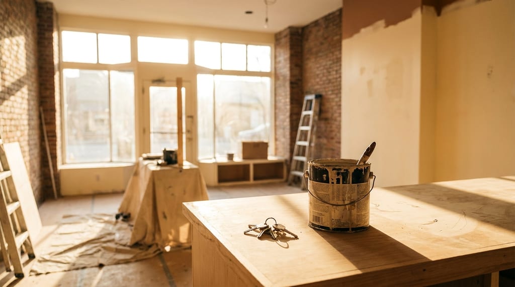 Leeres Ladenlokal vor der Eröffnung: Schlüsselbund und Farbeimer auf einem Holztresen, im Hintergrund Leiter und große Schaufenster (Symbolbild)