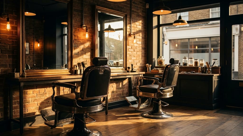 Barbershop mit zwei Friseurstühlen aus Leder und Chrom vor Backsteinwand und großen Spiegeln im warmen Abendlicht (Symbolbild)