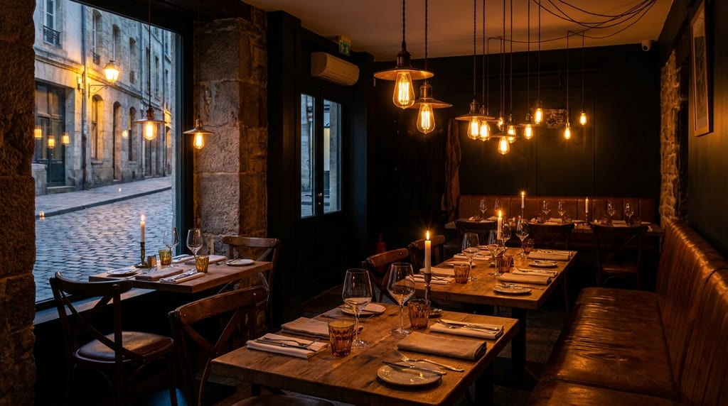 Restaurant am Abend mit gedeckten Holztischen, Kerzen und Pendelleuchten, am Fenster eine Kopfsteinpflastergasse (Symbolbild)